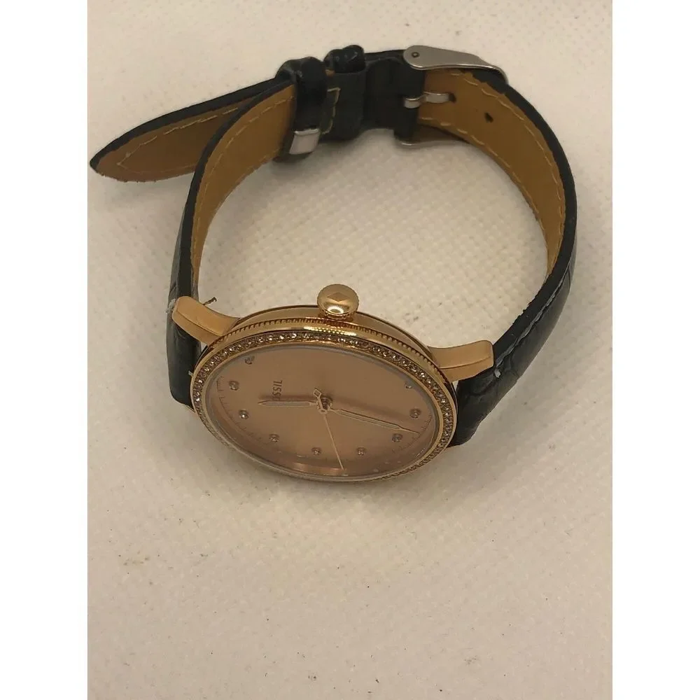 Fossil ES4365 Womens Black Leather Analog Rose Gold Dial Quartz Wrist Watch KS18